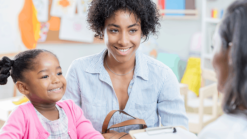 Mother and young girl with education professional