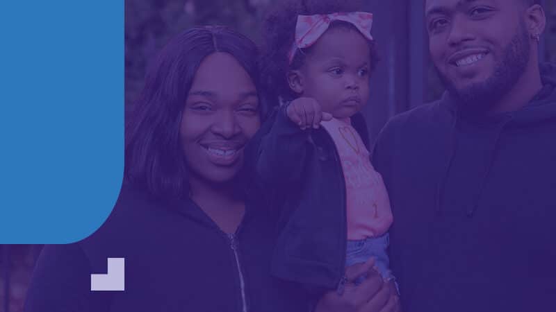 Photo of mother, father and young child smiling at the camera. The graphic has a purple overlay with shapes.