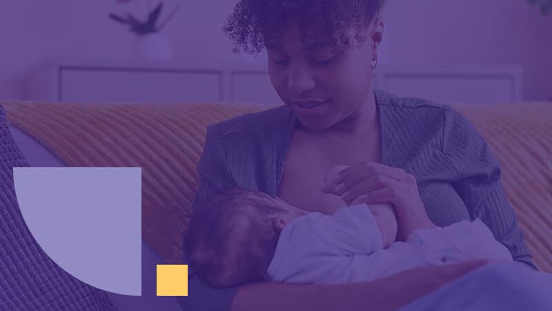 Photo of a mother breastfeeding her young. The graphic has a purple overlay with shapes.