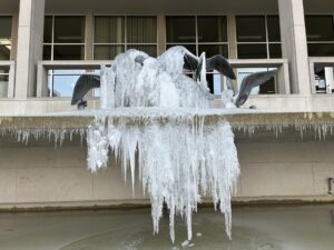 A frozen Du Pen fountain on the Capitol Campus