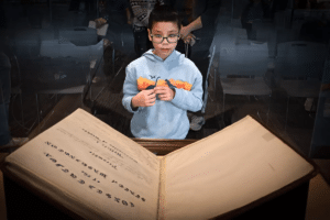 Oliver Hokama viewing the original Washington state Constitution on display at the Spokane Public Library.