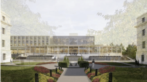 Architect rendering by DLR Group and HBB Landscape of the New Pritchard Library building.