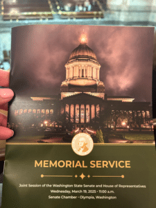 Photo of the Memorial Service pamphlet from the Washington State Legislature's Joint Memorial Service session on 3/19/25.