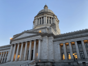 Photo of the Capitol Building in Olympia, Washington, shot from below and to the side, from January 2022.
