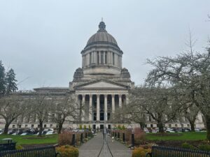 The south-facing entrance of the WA State Legislative Building during the beginning of the 2026 WA State Legislative Session.