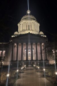 An image of the front of the Capitol with path illuminated at night
