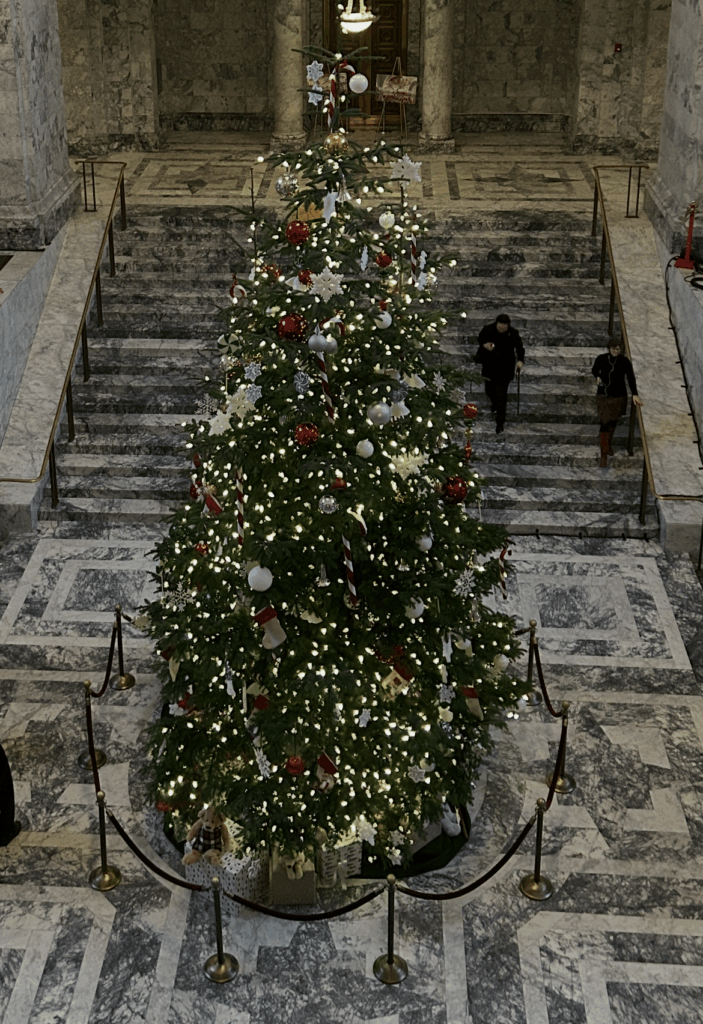 Holiday tree in the Washington state capitol in December 2025.