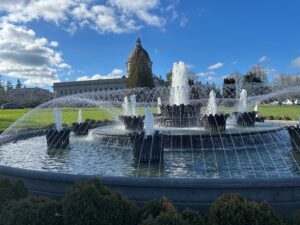Northeast view of Tivoli Fountain, Insurance Building, and Legislative Building, Washington State Capitol group, Olympia, 2026.