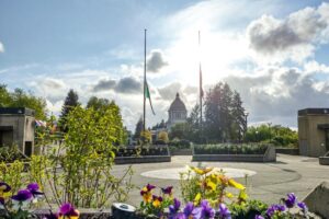 A wide shot of the Pollinator Garden, showing various plants, an open plaza, flagpoles, and a view of the Legislative Building dome.