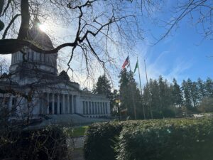 An angled view of the south-facing entrance to the WA State Legislative Building during the day on the eighth week of the 2026 WA State Legislative Session.