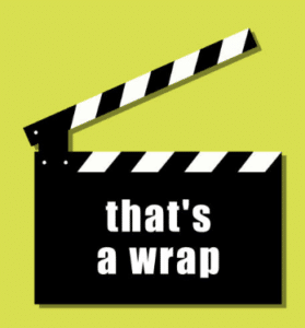Movie industry clapperboard graphic with the words 'that's a wrap' written on it, on a green background.